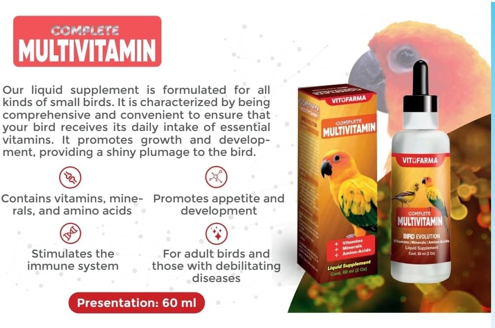 Vitofarma bird evolution multivitamin showing dosage instructions for small pet birds