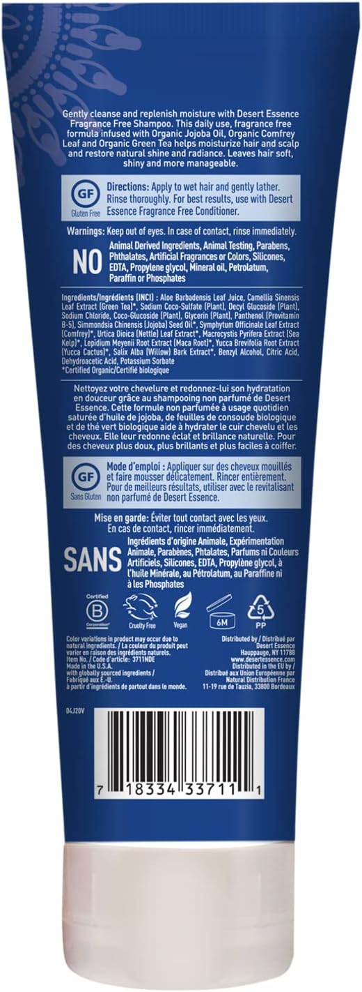 Desert Essence unscented shampoo 8 fluid ounce bottle back label