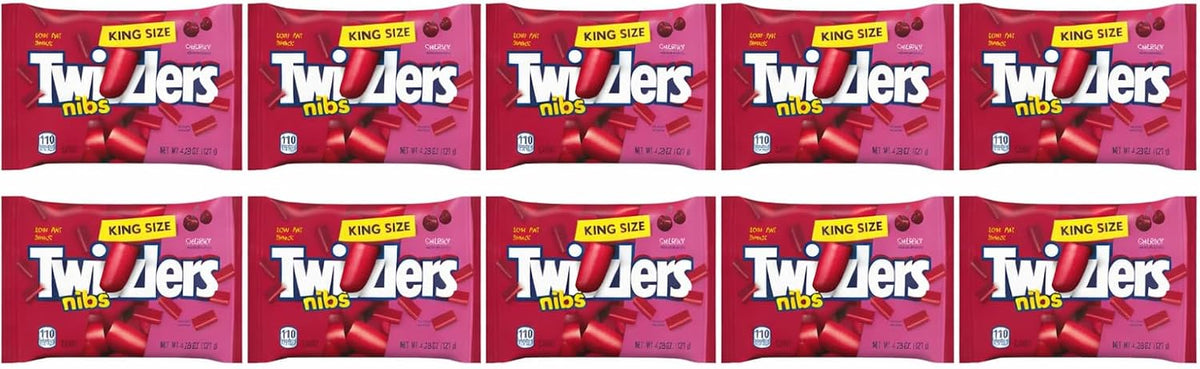 A person holding the king size four point two eight ounce cherry nibs pack.