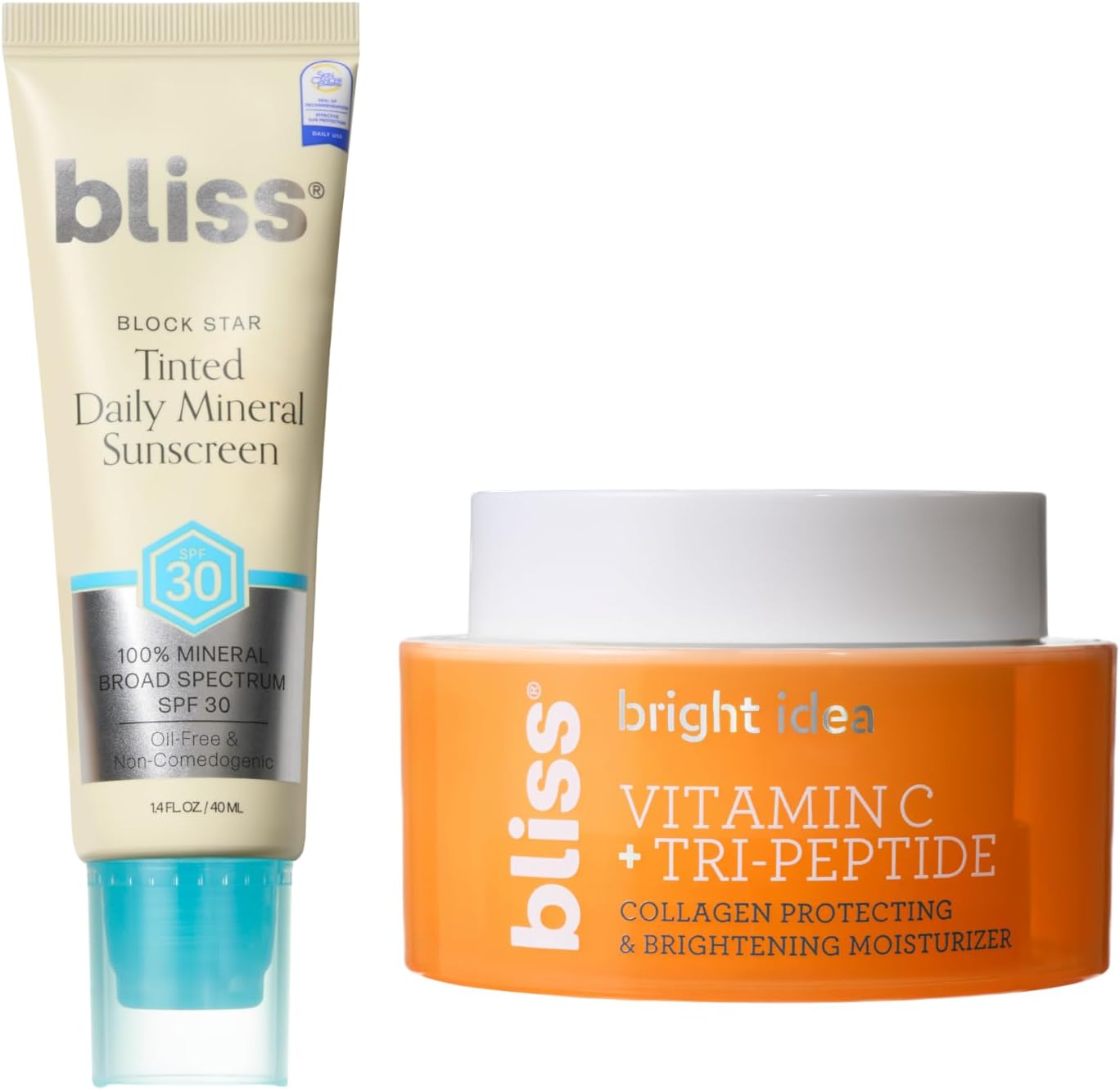 Bliss Tinted Mineral Sunscreen and Vitamin C Moisturizer Bundle front view showing both product packagings.