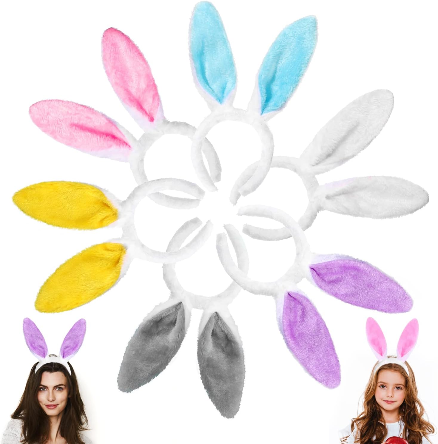 YUJUN plush bunny ears headband six piece multi color pack front view festive party favors