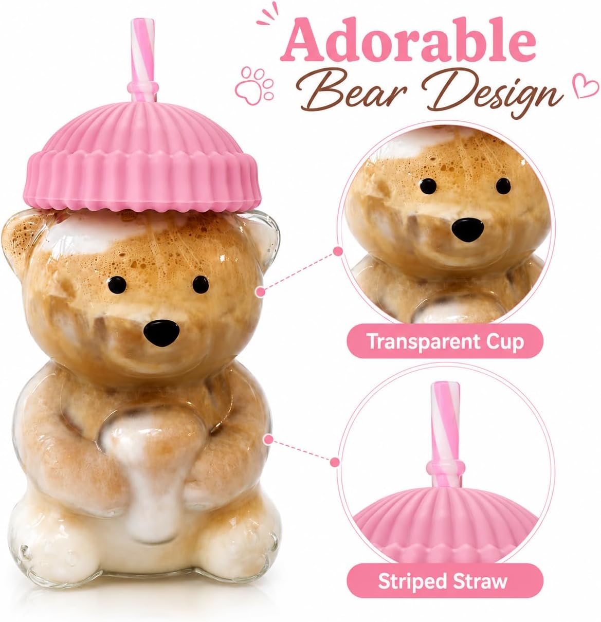 Krewchton glass bear cup with pink lid and straw