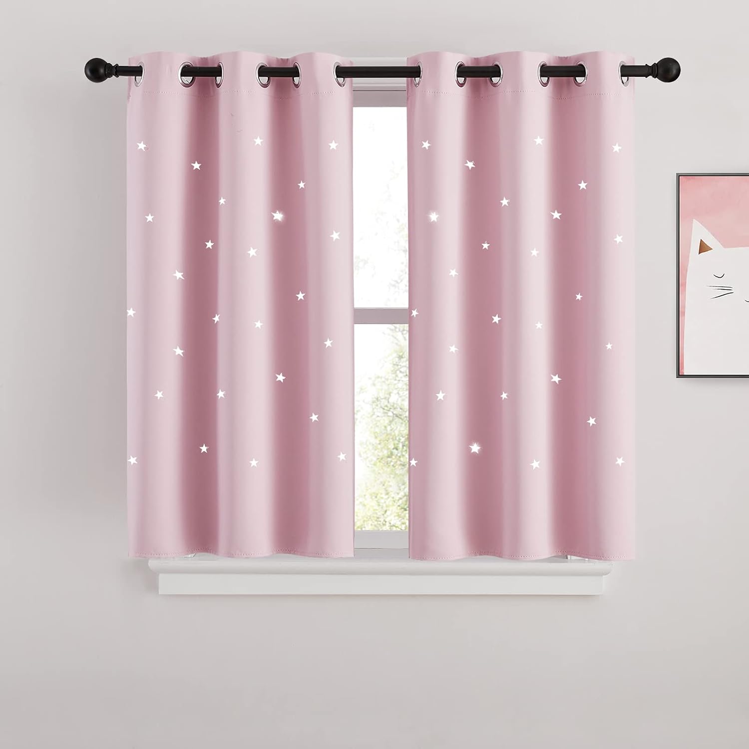 NICETOWN pink star cutout curtains front view showcasing the hollow star patterns