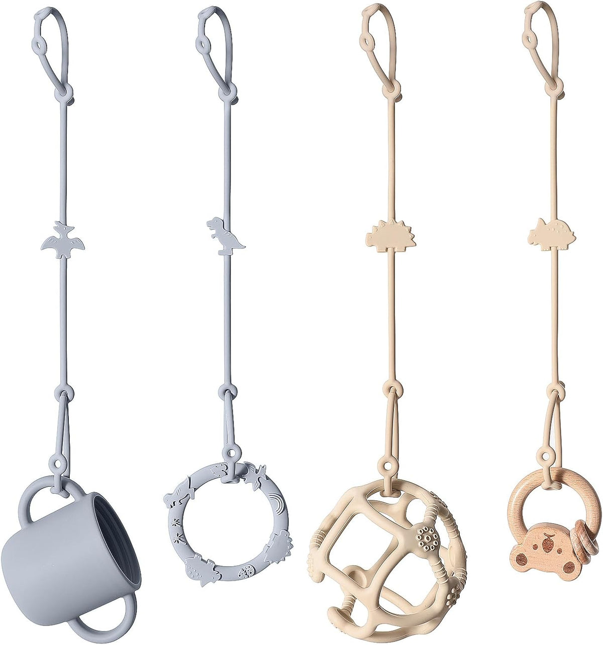 Packaging and full set of four sage silicone toy straps
