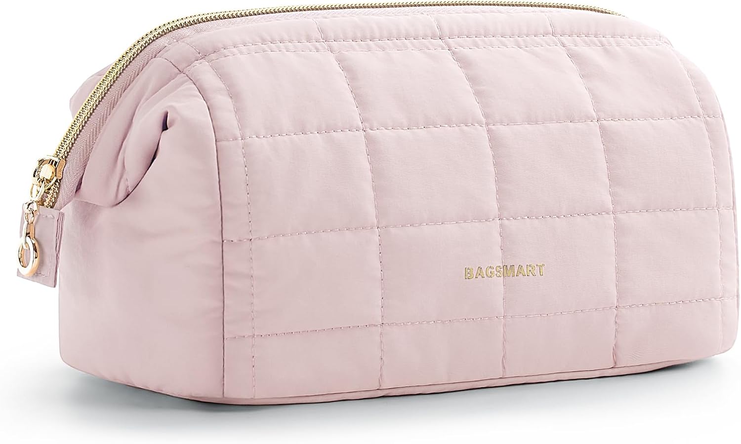Bagsmart makeup bag front view showcasing pink quilted design