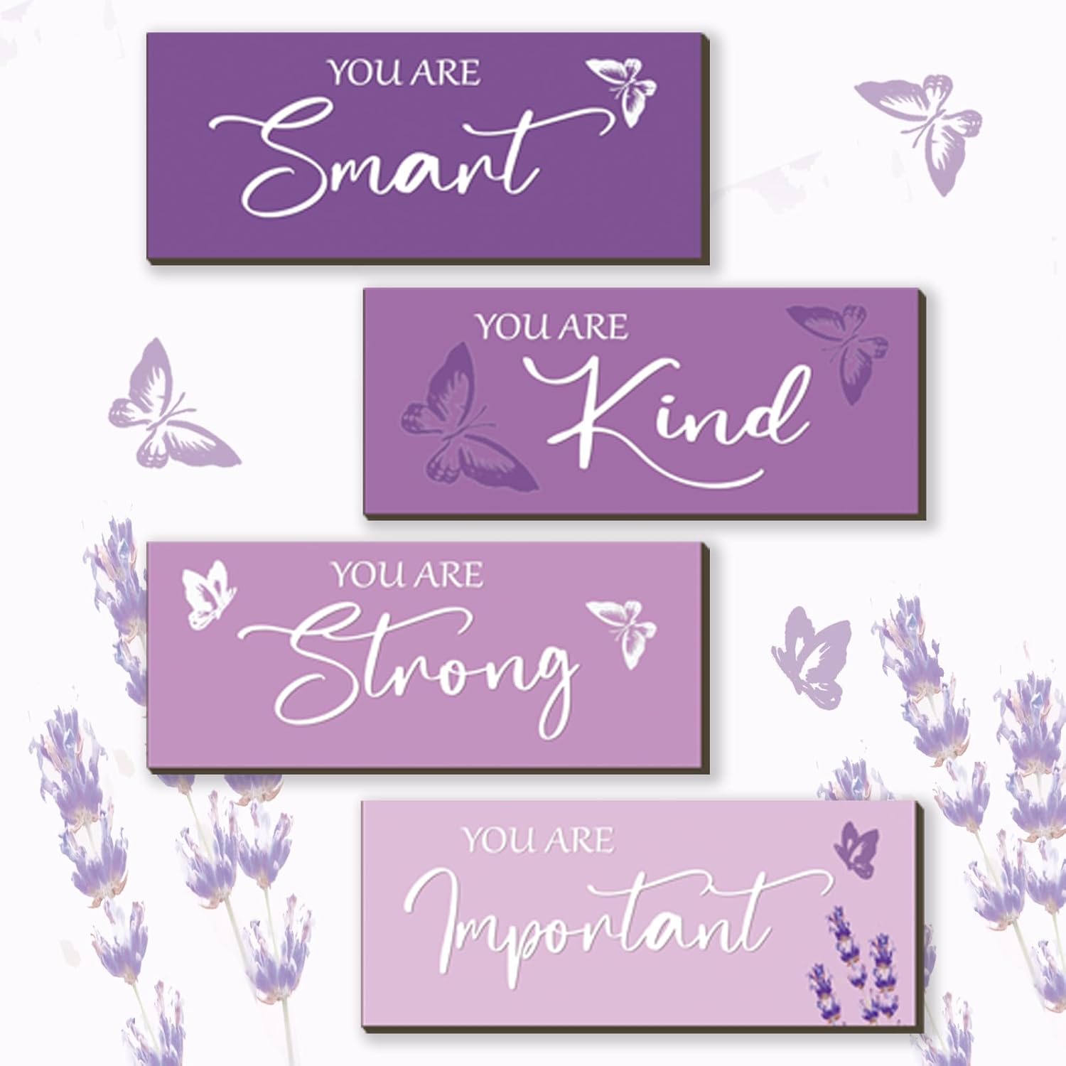 Fencordar butterfly wall decor front view of four purple pieces showing inspirational quotes