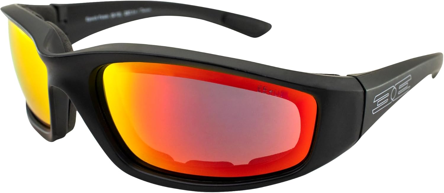 Epoch Eyewear foam padded motorcycle sunglasses front view showcasing the black and red frame design.