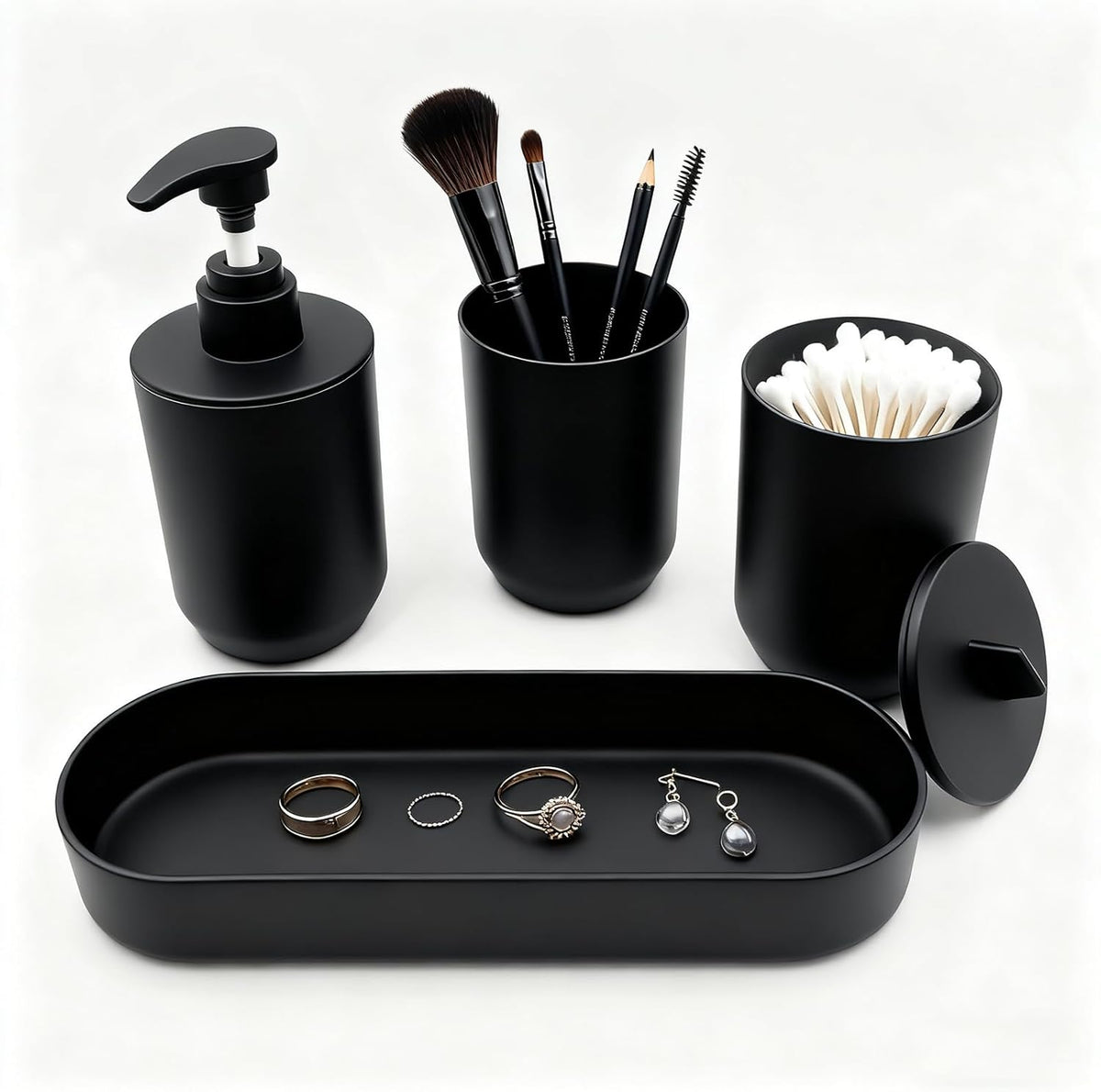 LGURT 4 piece bathroom accessories set front view showing matte black layout on counter