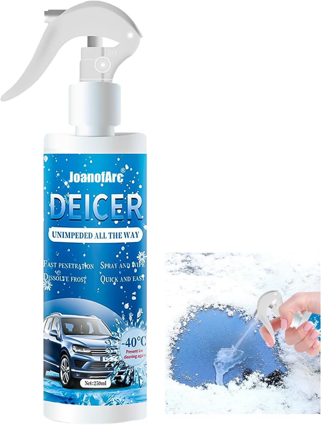 JoanofArc Deicer Spray front view showing the two hundred and fifty milliliter bottle packaging.