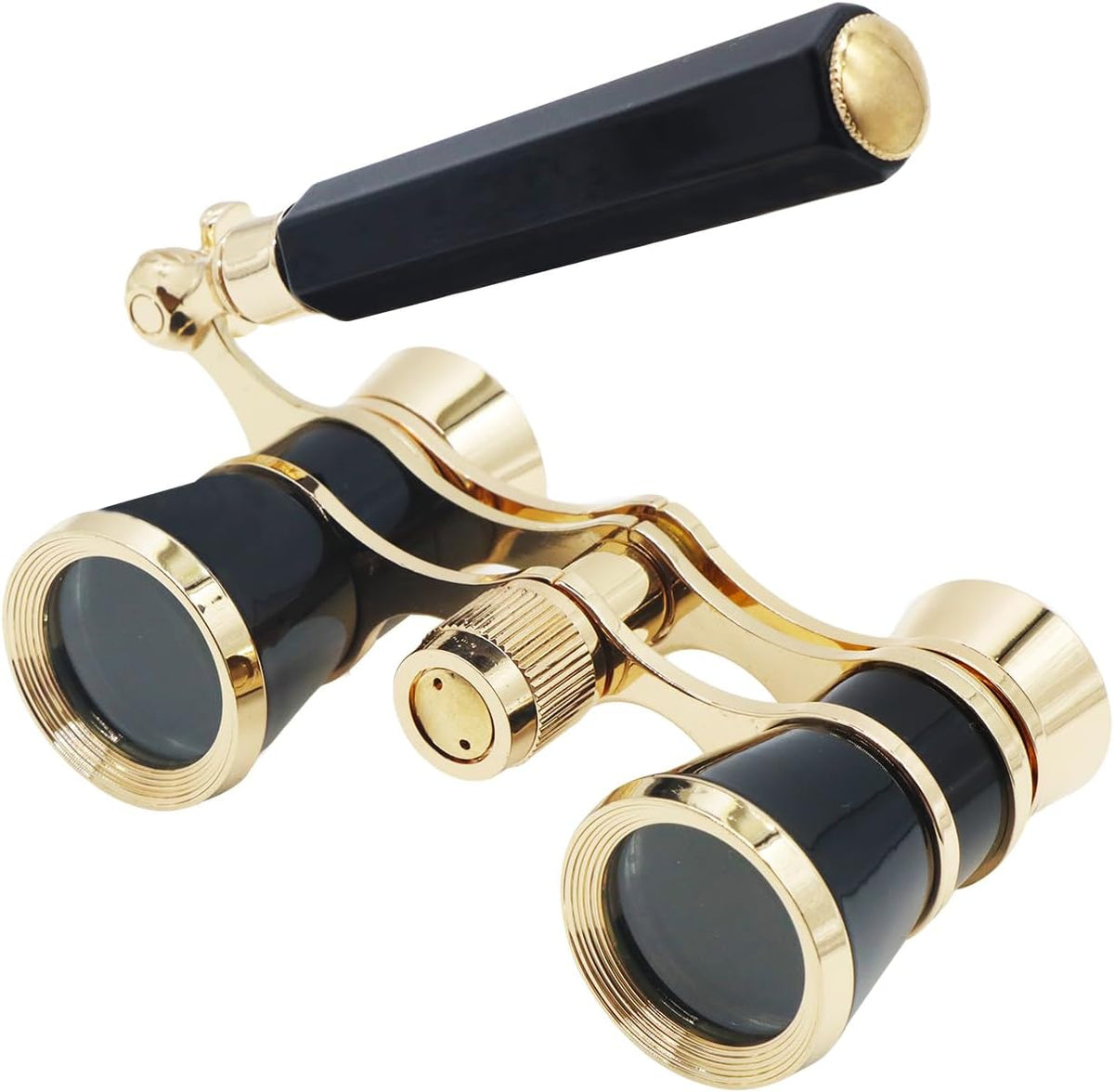 BLACKICE 3X25 Opera Glasses front view showing black and gold finish with adjustable handle