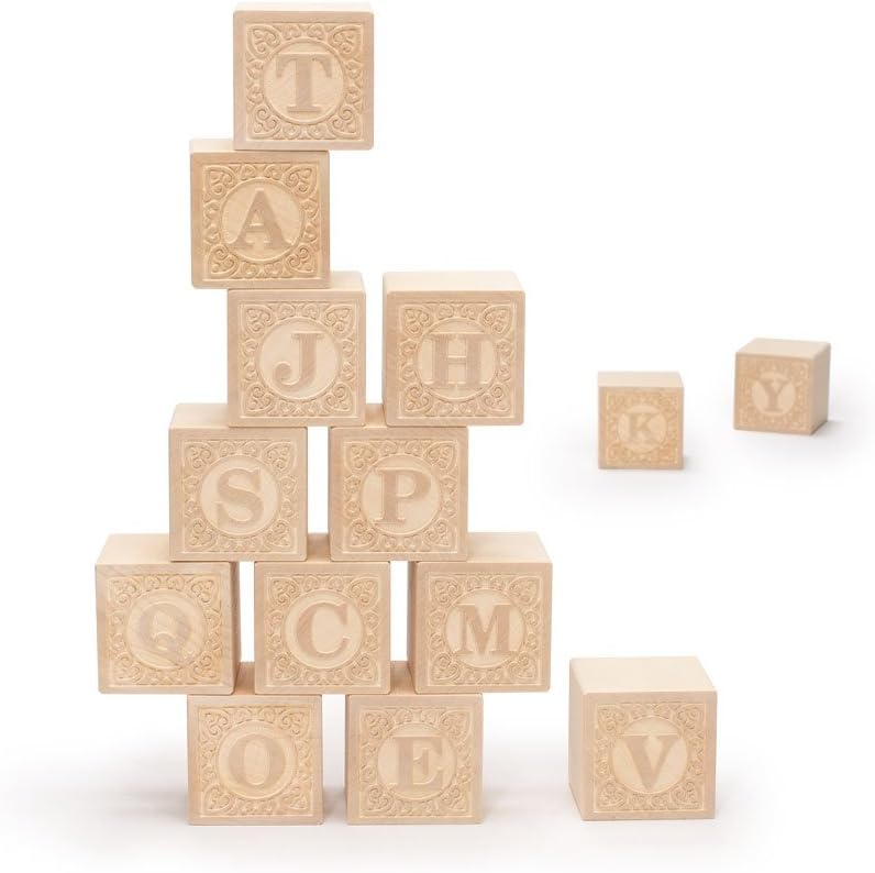 Uncle Goose Uppercase Alphablank Blocks front view showcasing embossed wooden letters