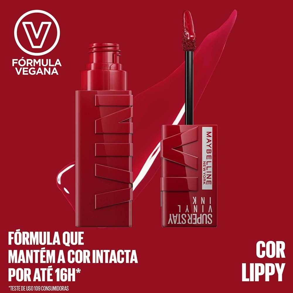 Model wearing Maybelline Super Stay Vinyl Ink Lippy shade