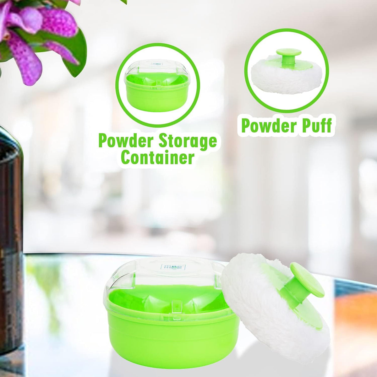 Mee Mee baby powder puff open container showing soft plush texture