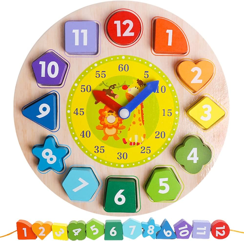 Skrtuan wooden sorting clock toy front view showing colorful numbered blocks and movable hands.