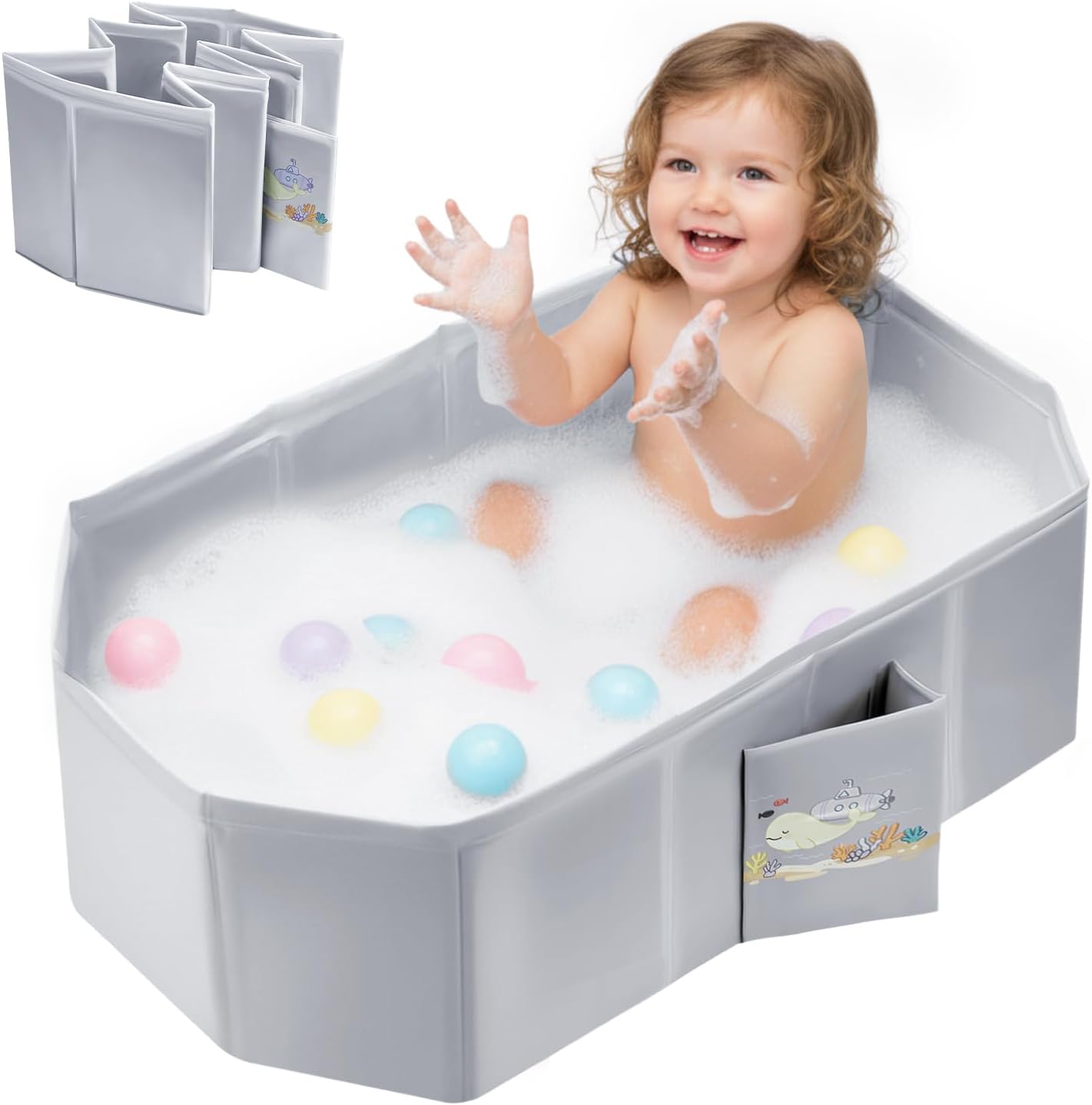 Tohetsuzp foldable baby bathtub front view with grey finish