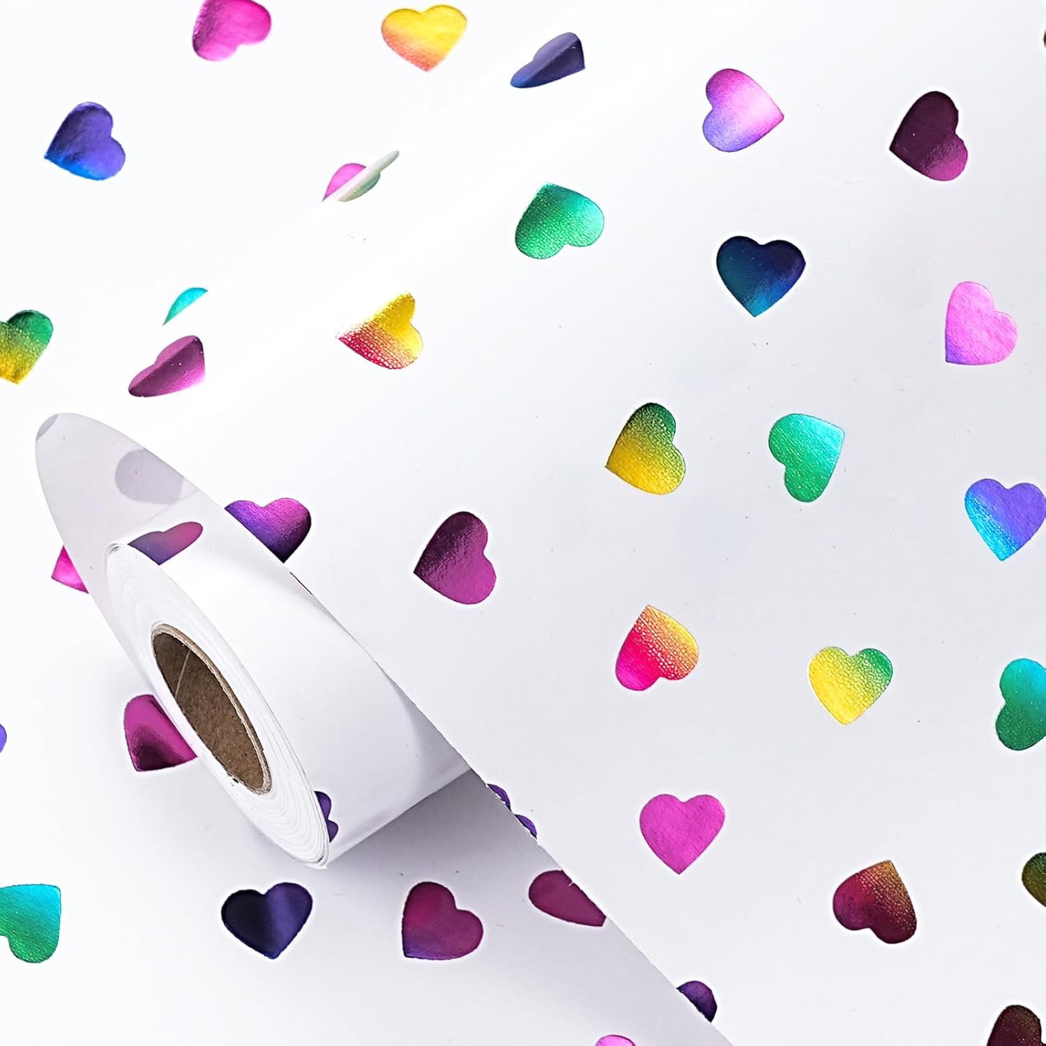 LeZakaa Holographic Hearts Gift Wrapping Paper Roll front view showing colorful metallic heart patterns.