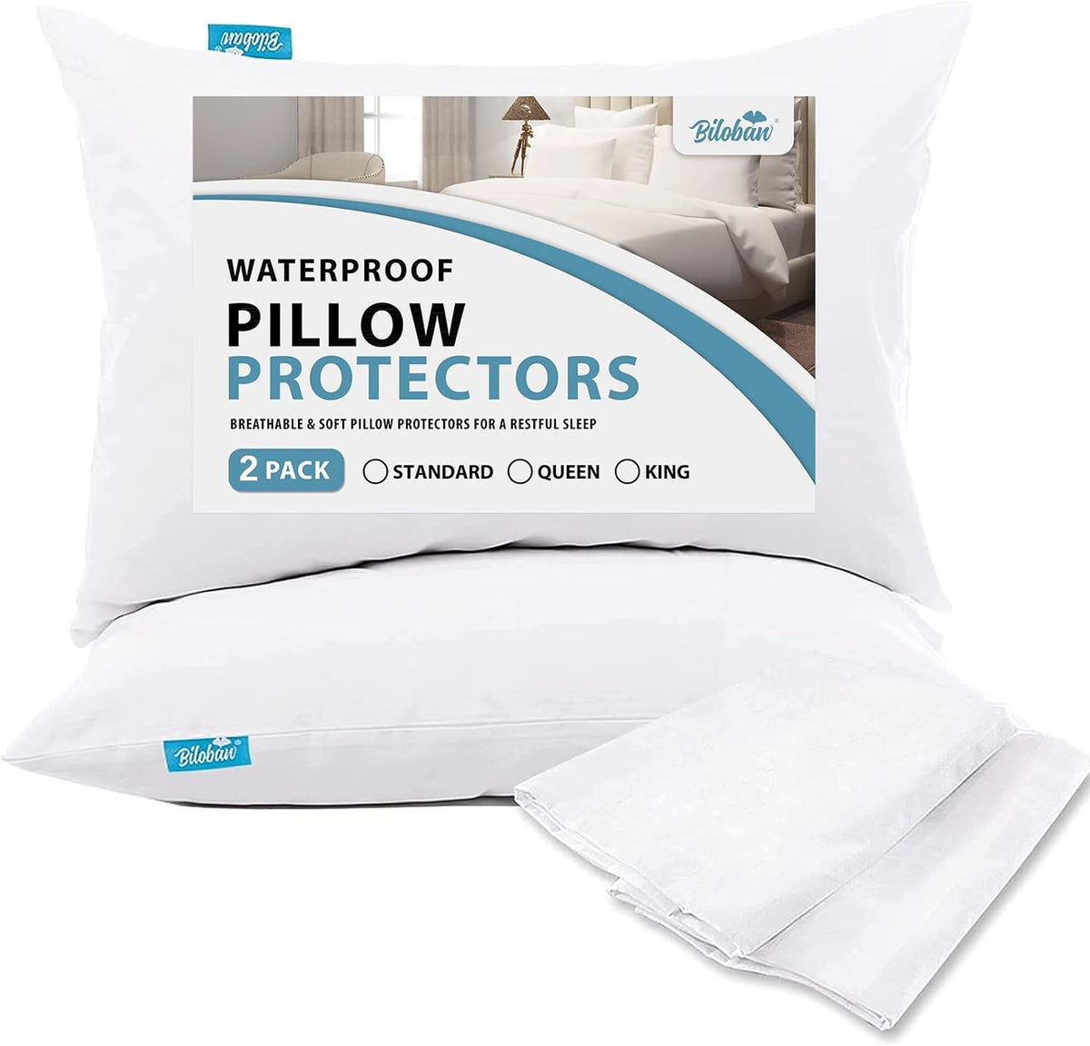 Biloban pillow protector front view in white queen size