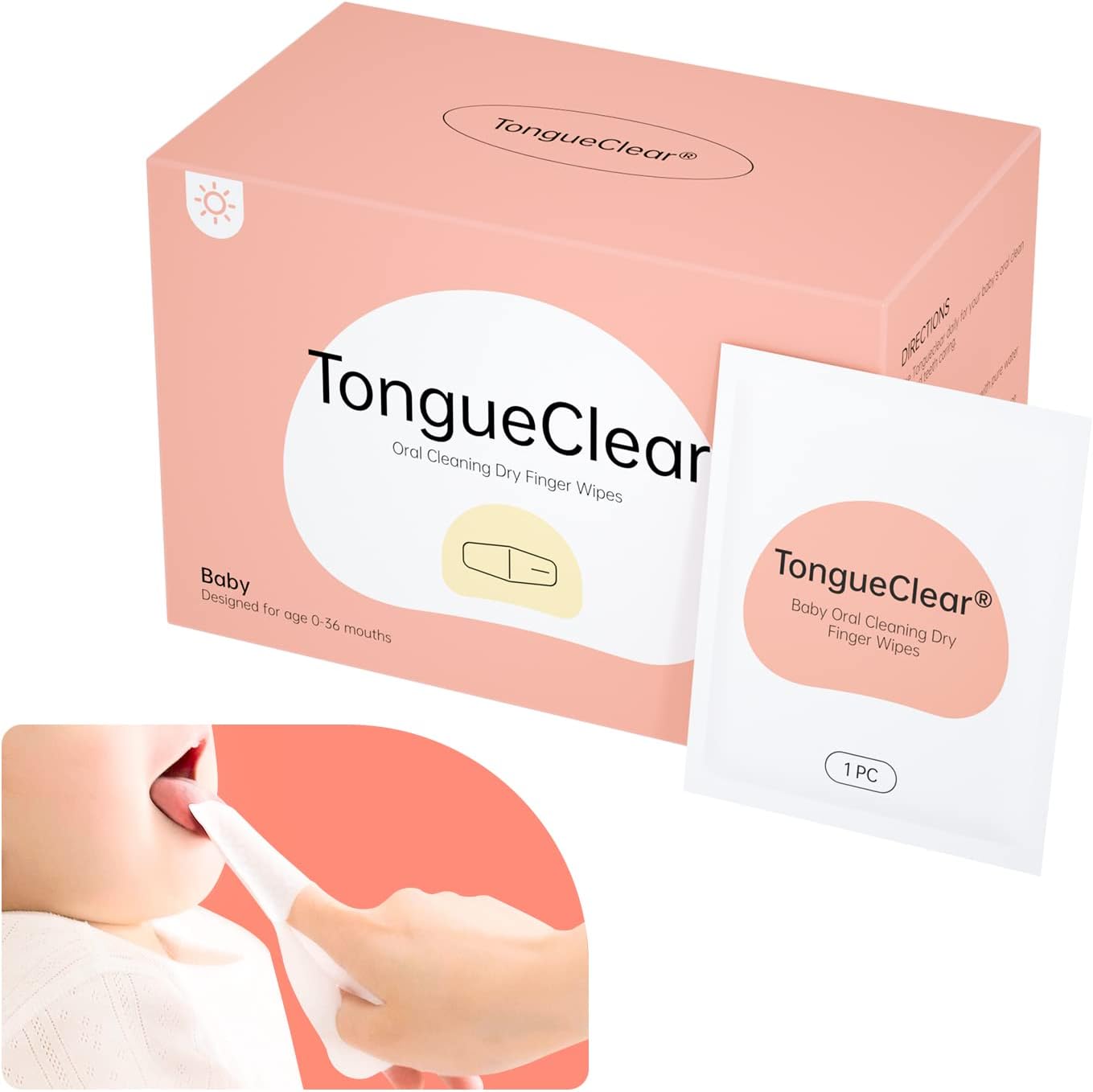Tongueclear Toddler and Baby Dry Wipes front packaging for oral hygiene.