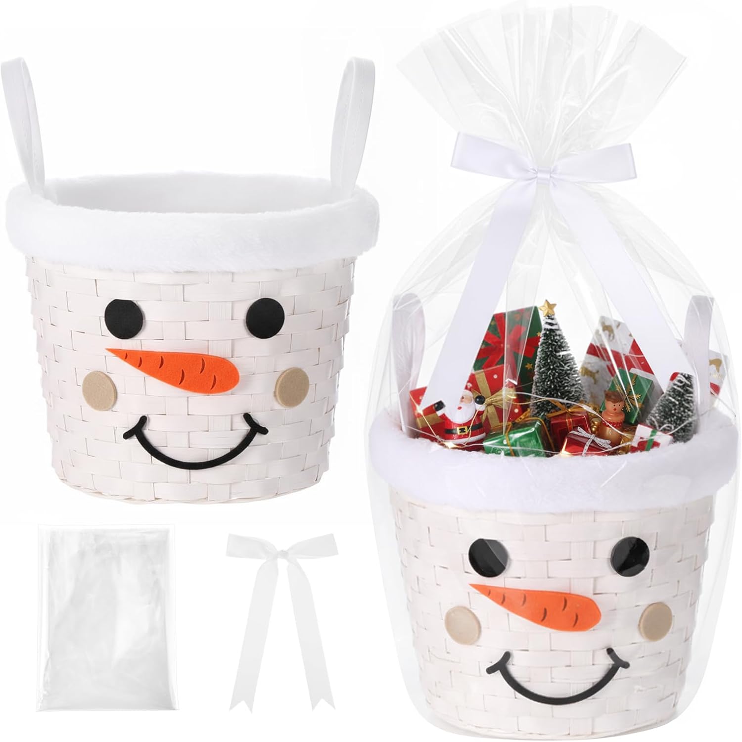 Threehoney snowman woven bamboo gift basket front view filled with holiday treats