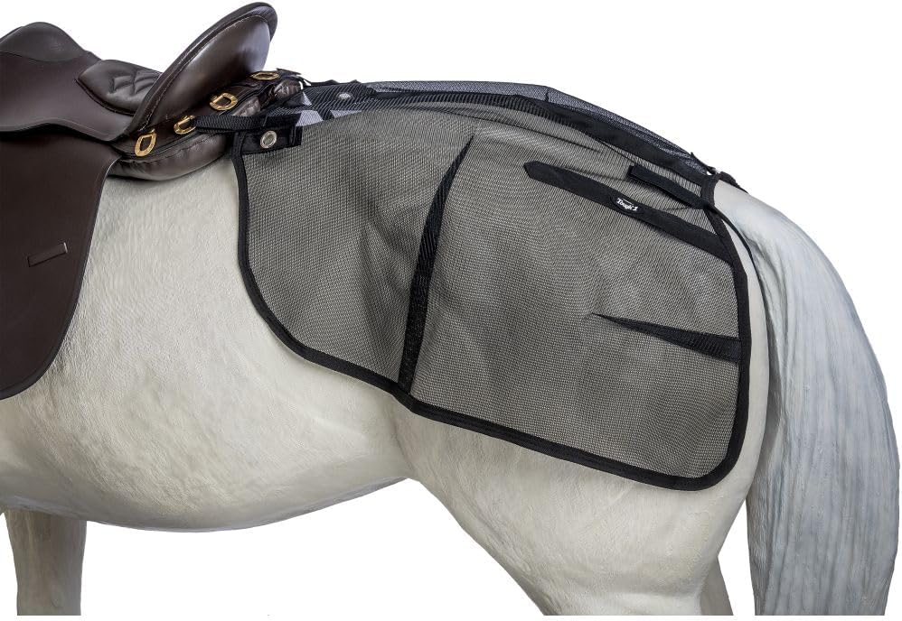 Tough 1 Fly Rump Sheet front view showing black breathable mesh horse protective gear attached to a saddle.