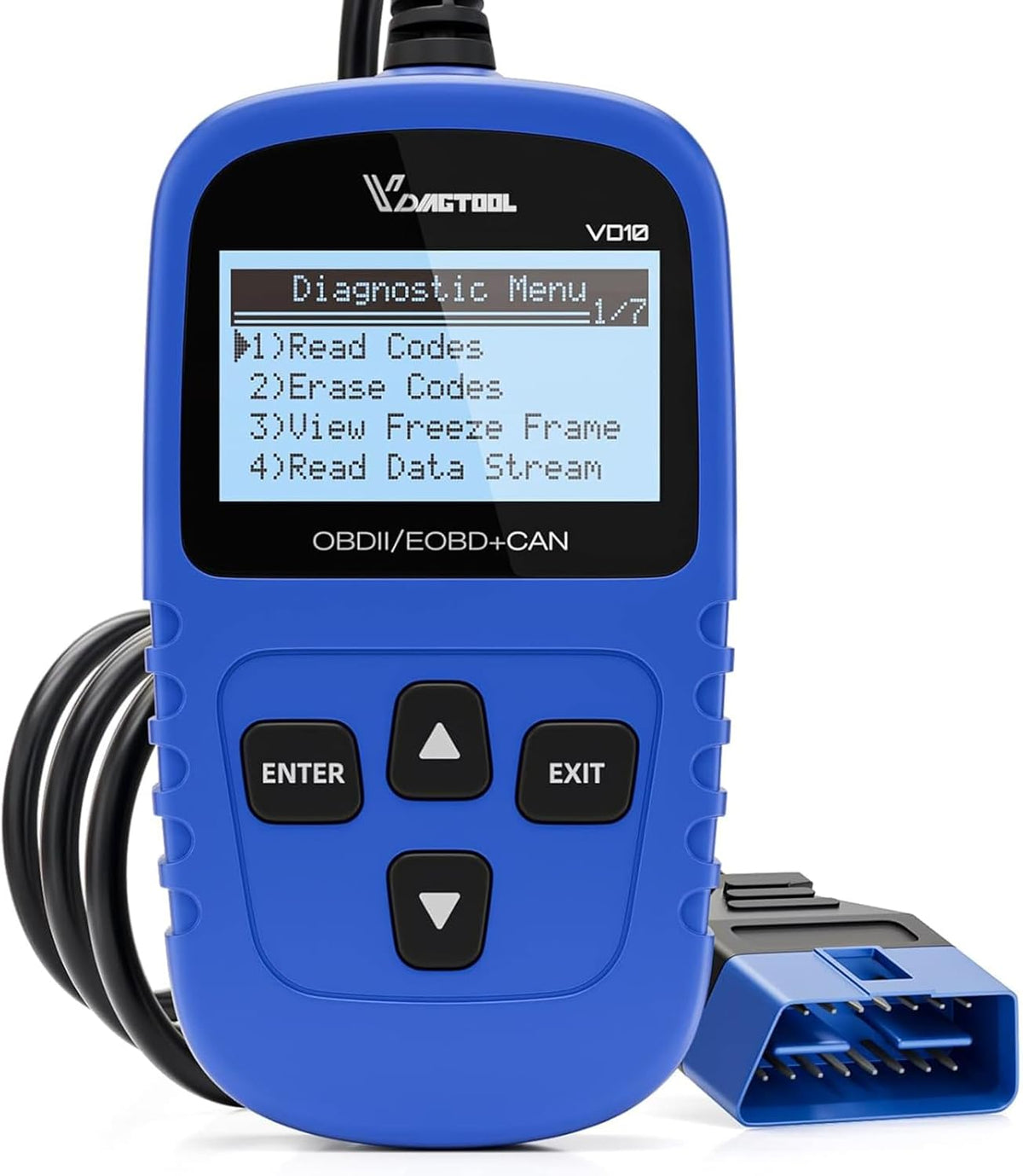 VDIAGTOOL VD10 OBD2 scanner front view with display screen and keypad