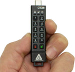 Apricorn hardware-encrypted flash drive with protective sleeve.