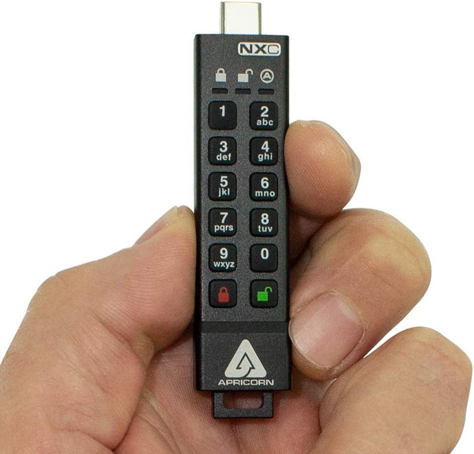 Apricorn hardware-encrypted flash drive with protective sleeve.