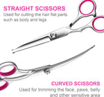 Premium titanium coated dog thinning shears with pink finger rings for comfortable grip.