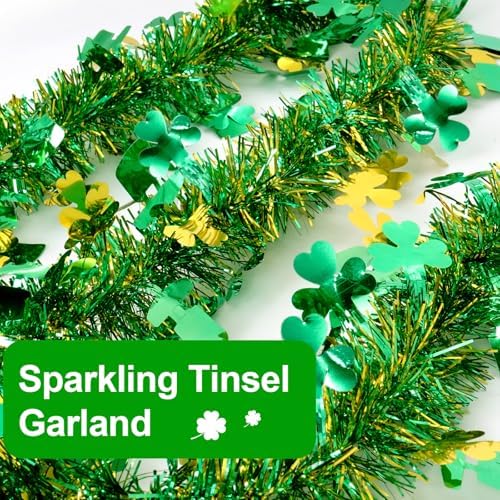 Fifty foot green gold clover hanging garland draped beautifully along an indoor fireplace mantel.