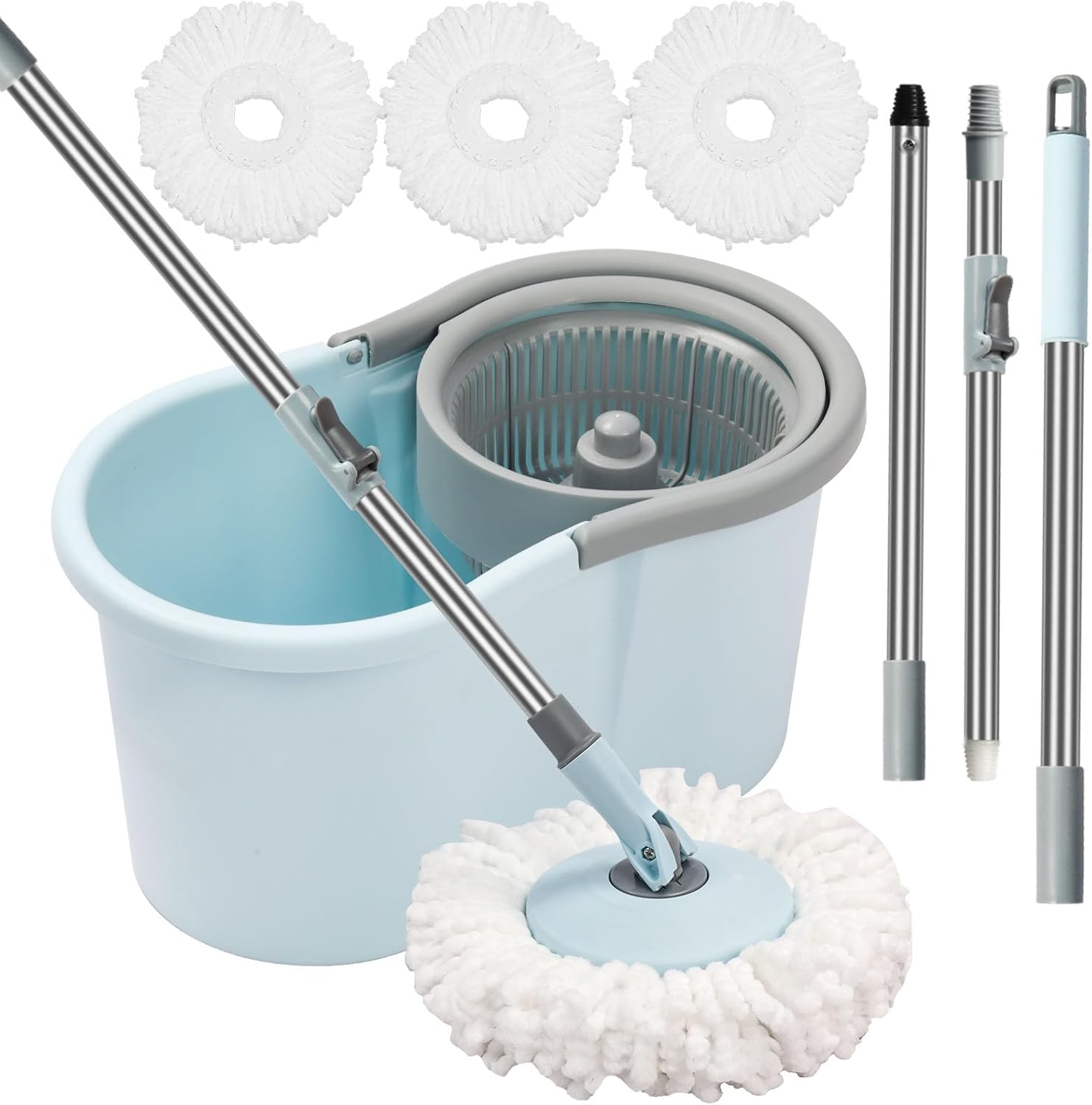 HYZSWGC spin mop and bucket wringer set front view showcasing the light blue cleaning system with stainless steel pole