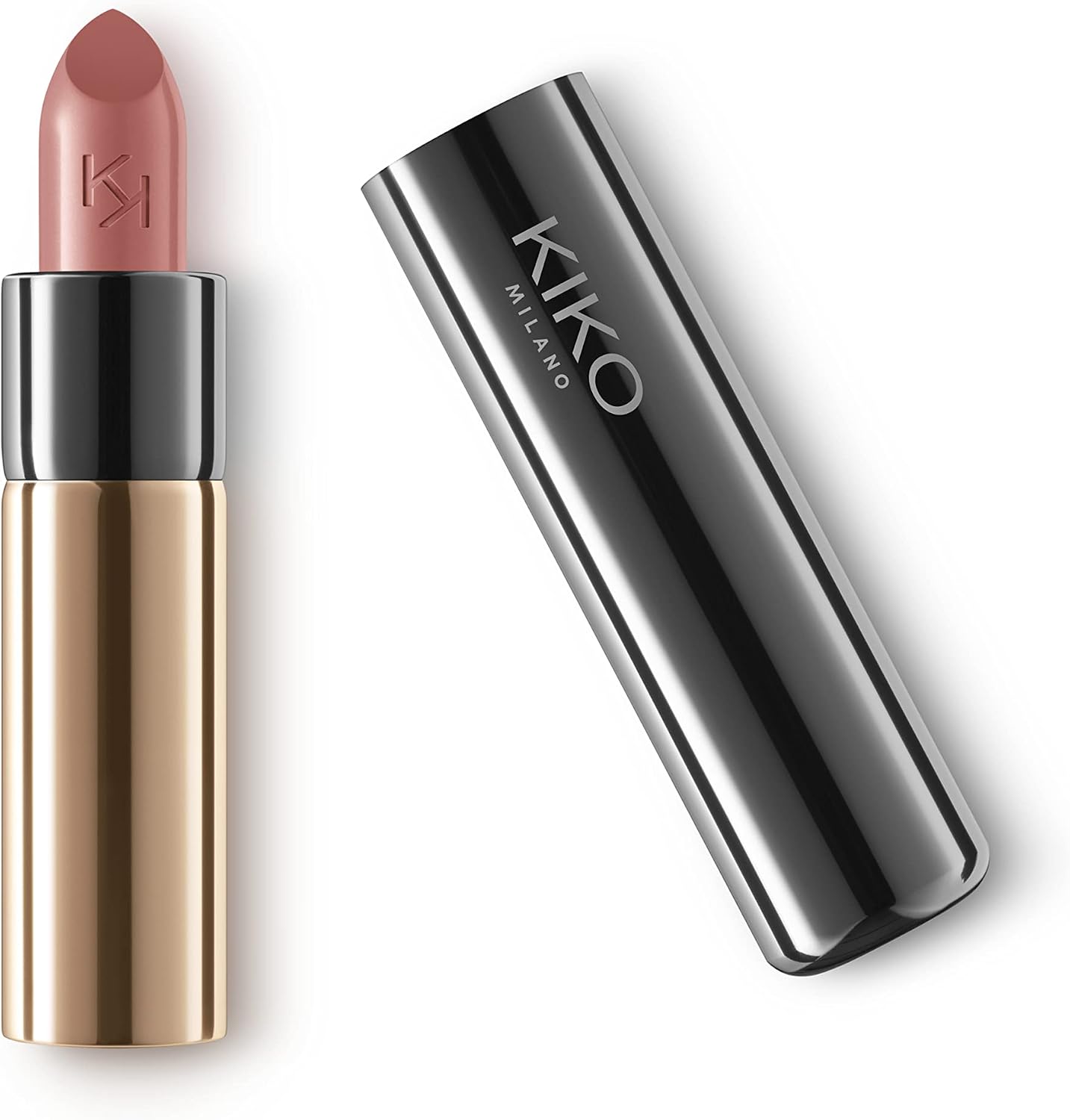 Kiko Milano Gossamer Emotion Creamy Lipstick front view of the metallic gunmetal packaging.