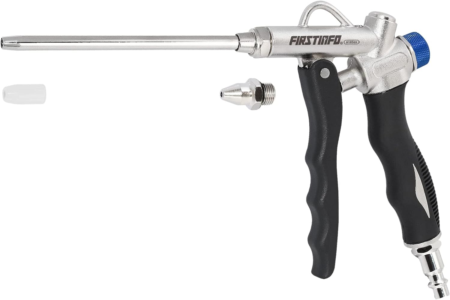 FIRSTINFO 2-way air blow gun front view showcasing the aluminum body and adjustable air flow knob.