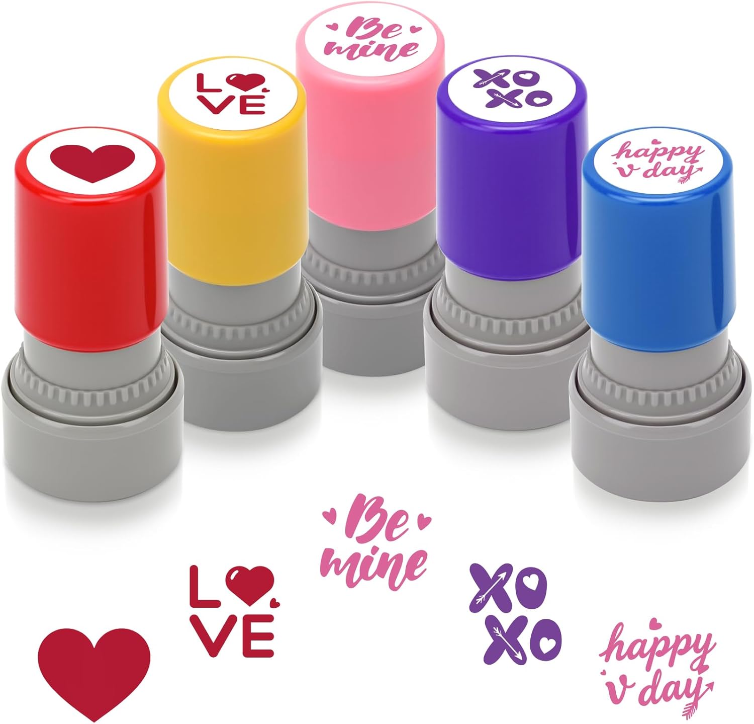 Heytimi Valentine Day self inking stamps for kids front view showing five colorful stampers