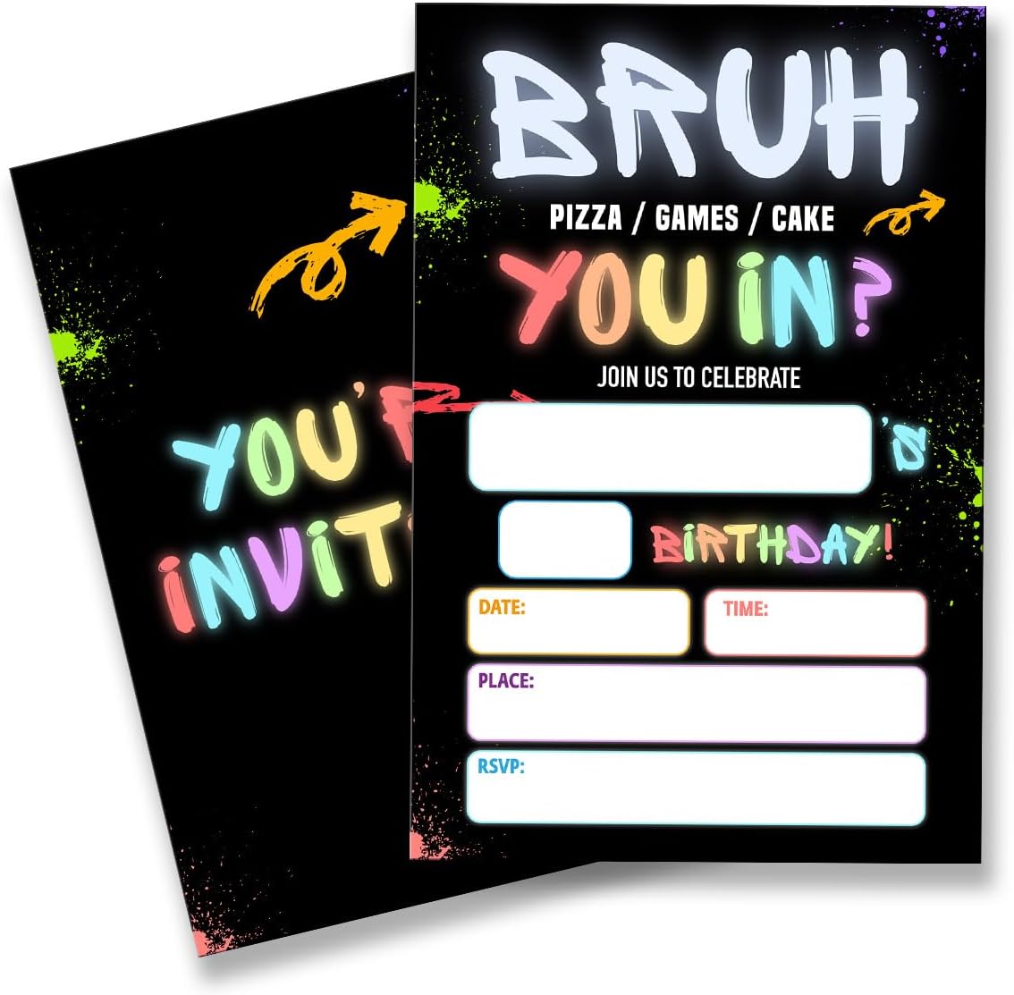 QZJ boy games birthday party invitation cards front view showcasing neon graffiti video game theme