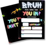 QZJ boy games birthday party invitation cards front view showcasing neon graffiti video game theme