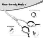Hashimoto professional pet shears close up on the curved 440C stainless steel blade tip