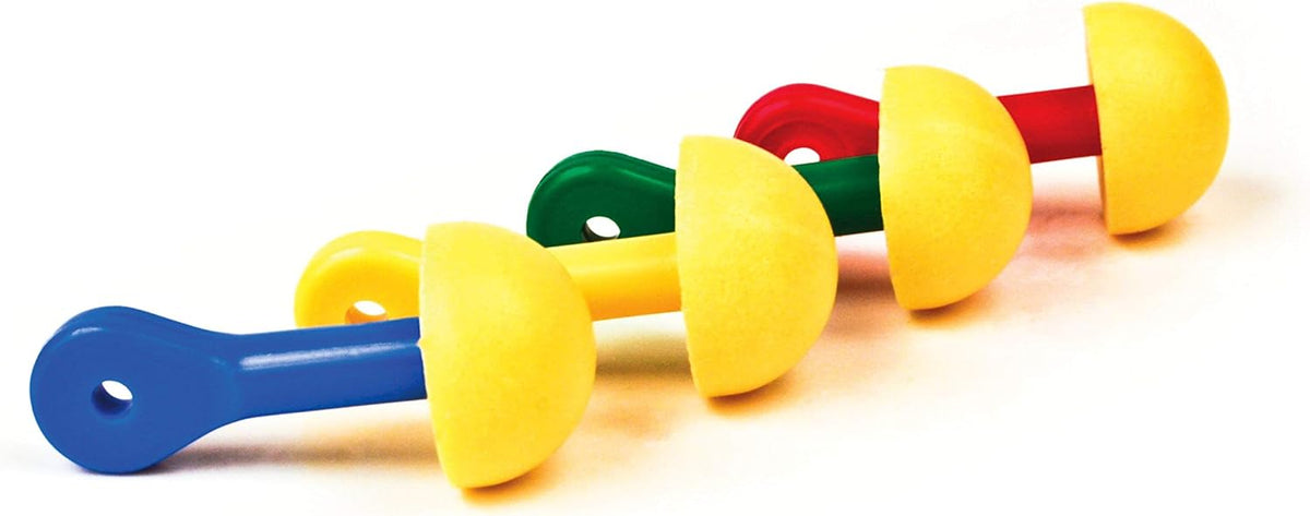 Close-up of slow-recovery polyurethane foam tips on assorted color grips