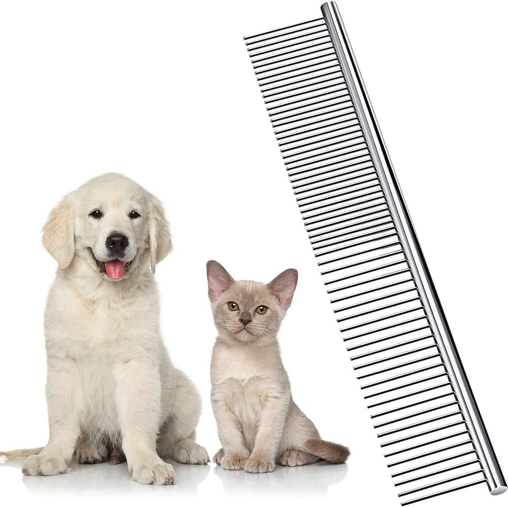 LOCANS stainless steel pet grooming comb front view showcasing dual-spaced metal teeth for dogs and cats.