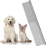 LOCANS stainless steel pet grooming comb front view showcasing dual-spaced metal teeth for dogs and cats.