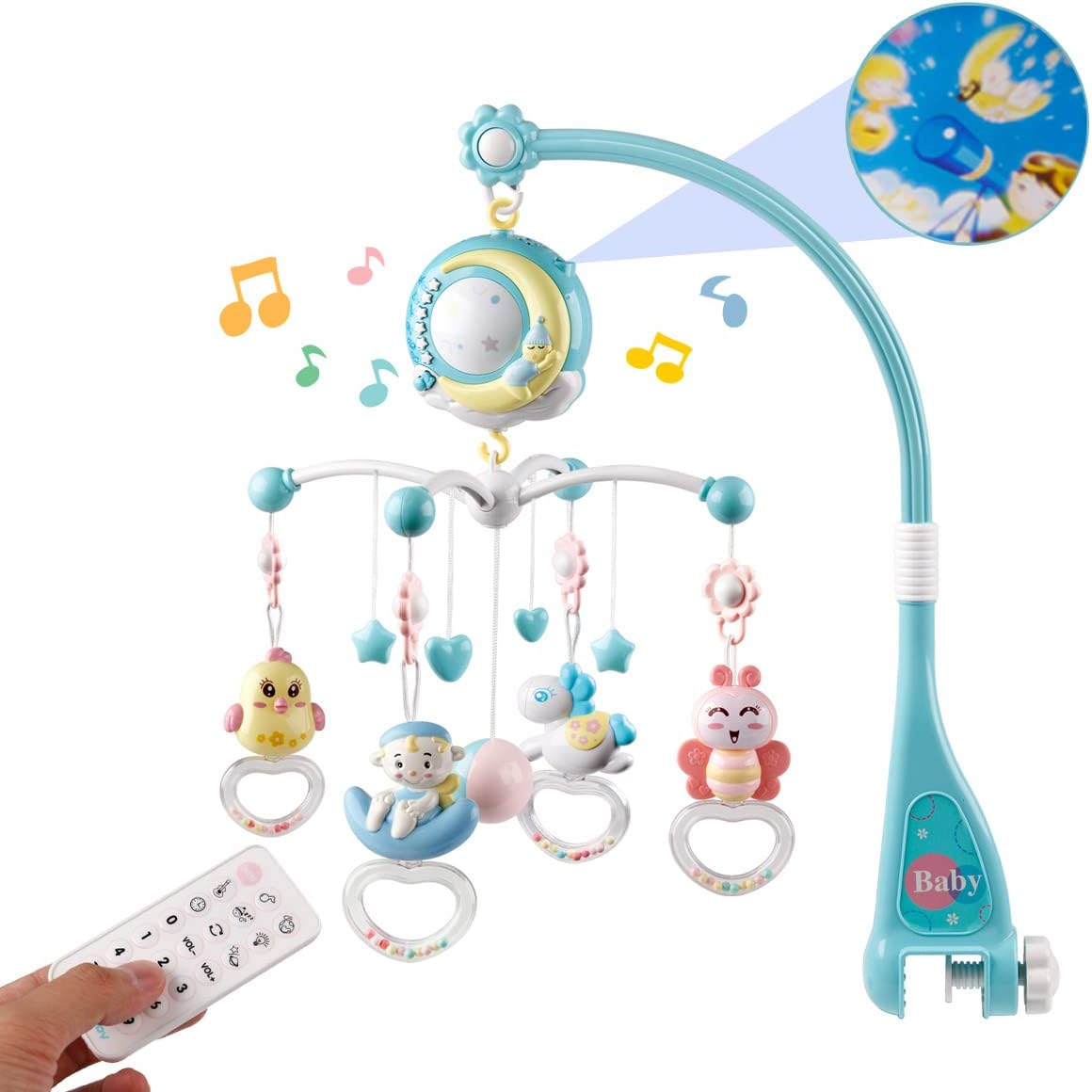 Mini Tudou Baby Musical Mobile Crib front view attached to a white wooden baby cot displaying the rotating hanging rattles.