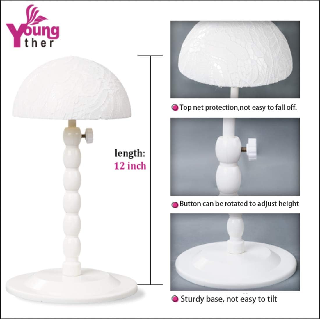 Youngther portable wig display rack shown at extended height
