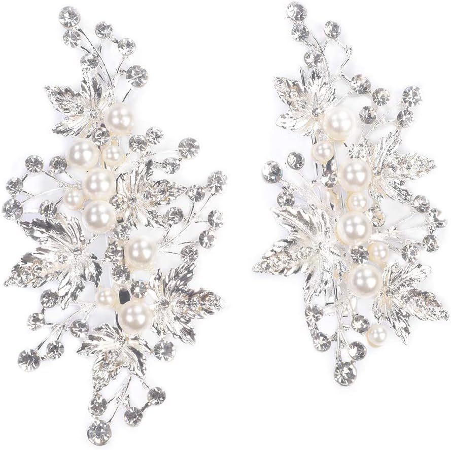 Sppry rhinestone pearl alligator bridal hair clips front view