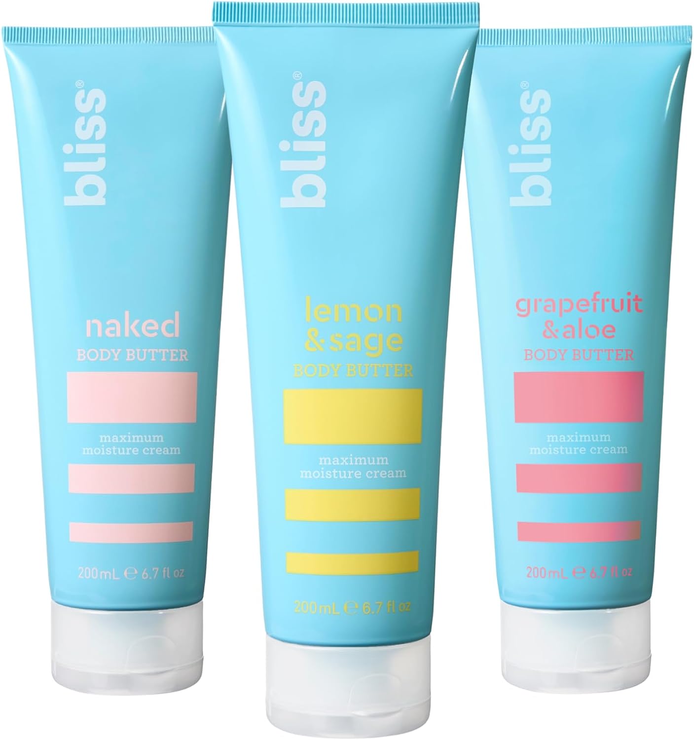 Bliss Intense Moisture Trio body butter set featuring three tubes for dry skin.