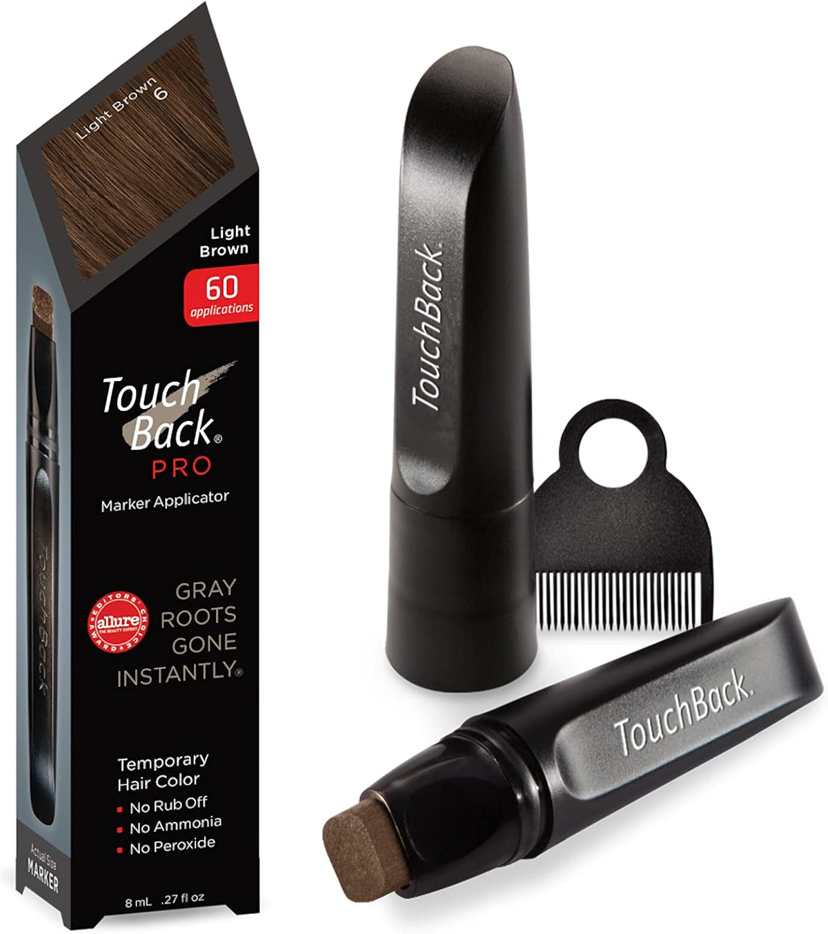 Touchback rich black hair color marker packaging details