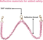 Reflective stitching details on pink double pet lead for night safety
