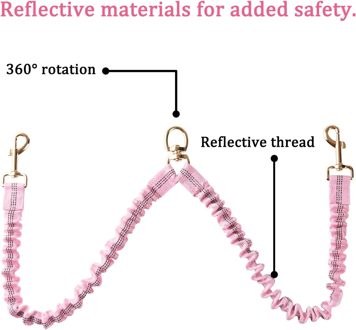 Reflective stitching details on pink double pet lead for night safety