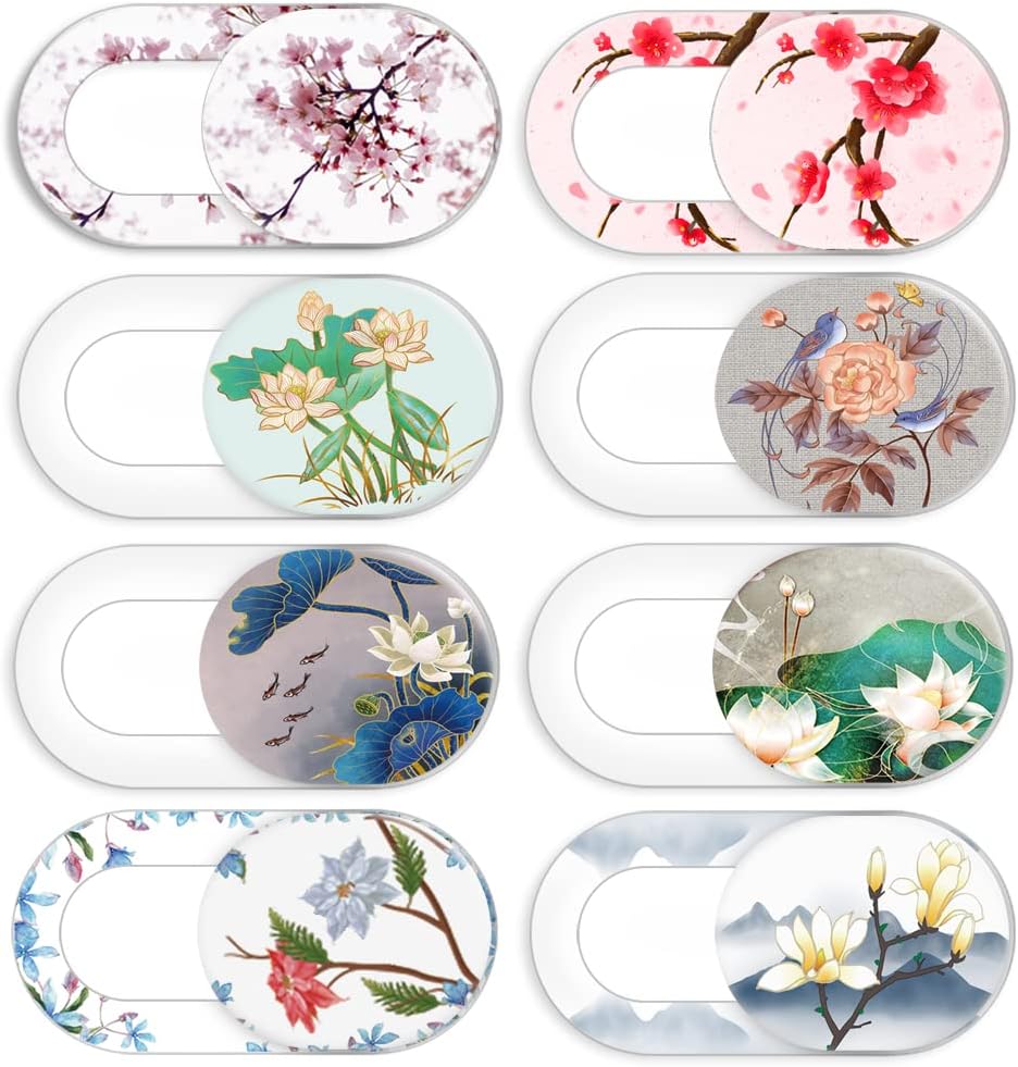 FadyRaye laptop camera cover slide front view showing eight pack cute flower designs for privacy protection.