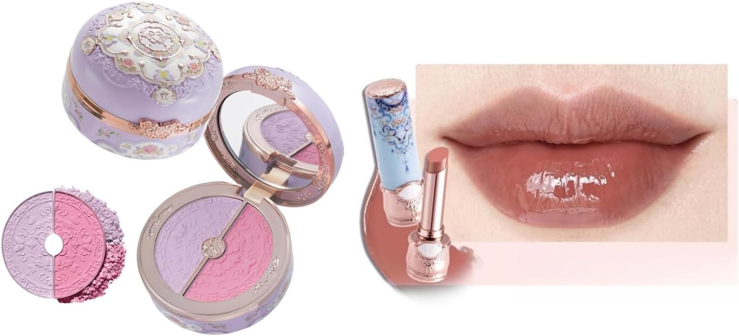 Flower Knows Butterfly Cloud Collar Rouge Box Highlighting & Blush Duo Powder and Glossy Lipstick Set,Tone Matte for Cheeks Bulidable,Soft Tinted Lip Gloss Balm(04 Fluttering Romance+C02 Agarwood) - Image 1