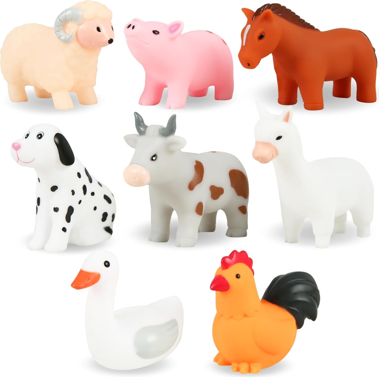 XY-WQ mold free bath toys front view displaying eight colorful farm animal figures standing on a white surface.