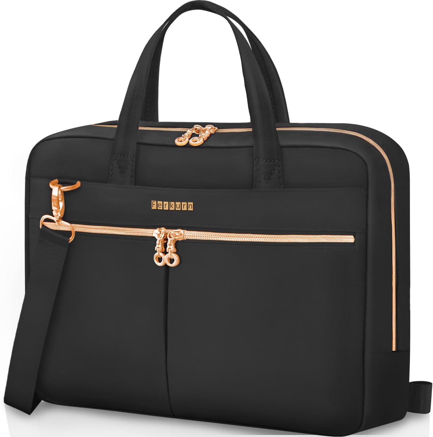 Ferkurn laptop bag case front view in black with rose gold zippers showing stylish tech briefcase design.